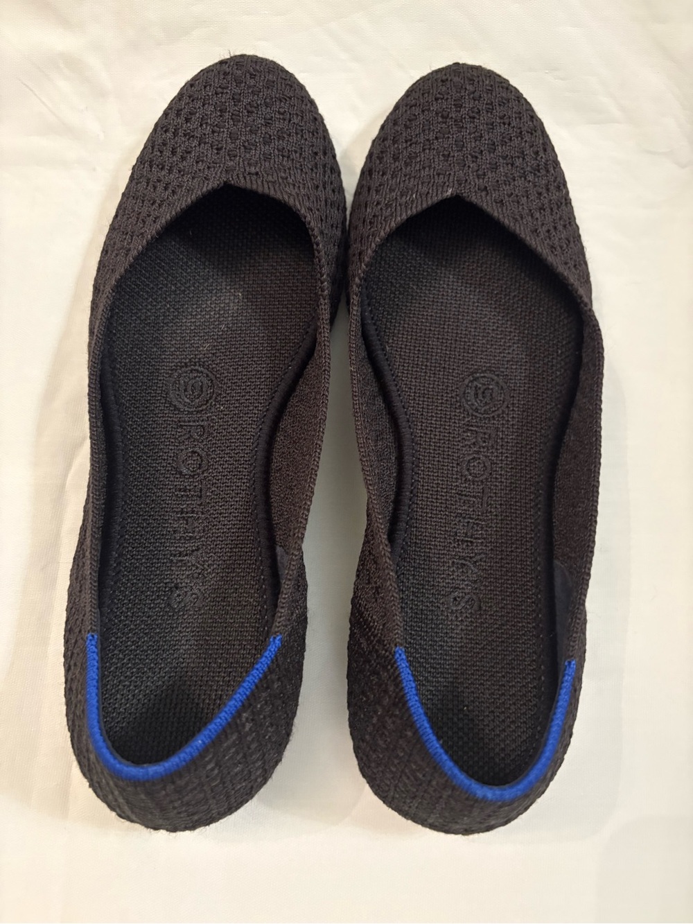 Rothy's Black Knit Ballet Flats with Blue Trim
